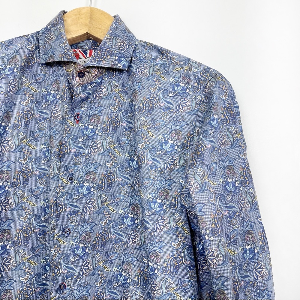 7 Downie St. Men Blue‎ Floral Paisley Dress Shirt Size Large Canadian Designer - Picture 9 of 10